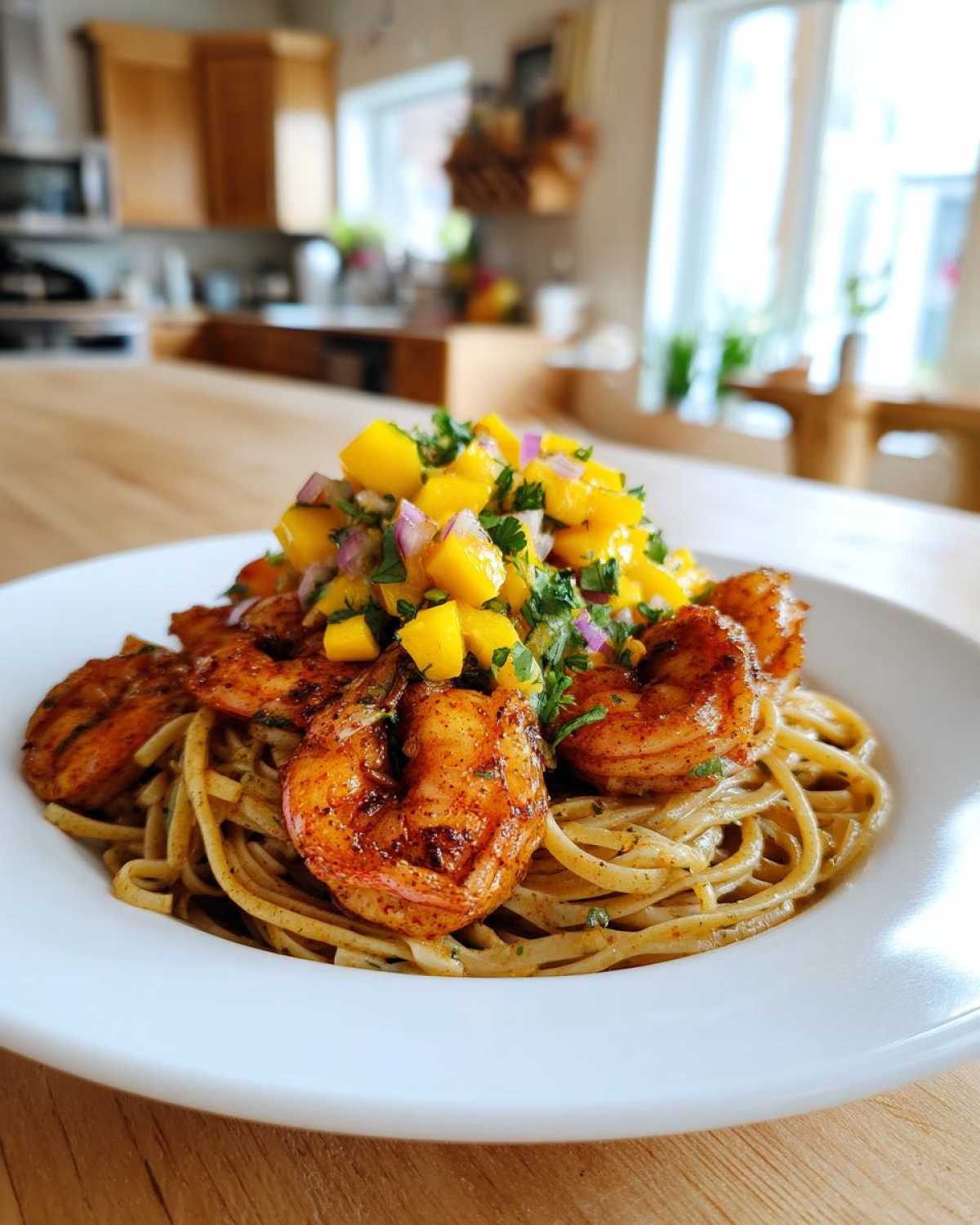 Jerk Shrimp Pasta with Mango Salsa - detail 1