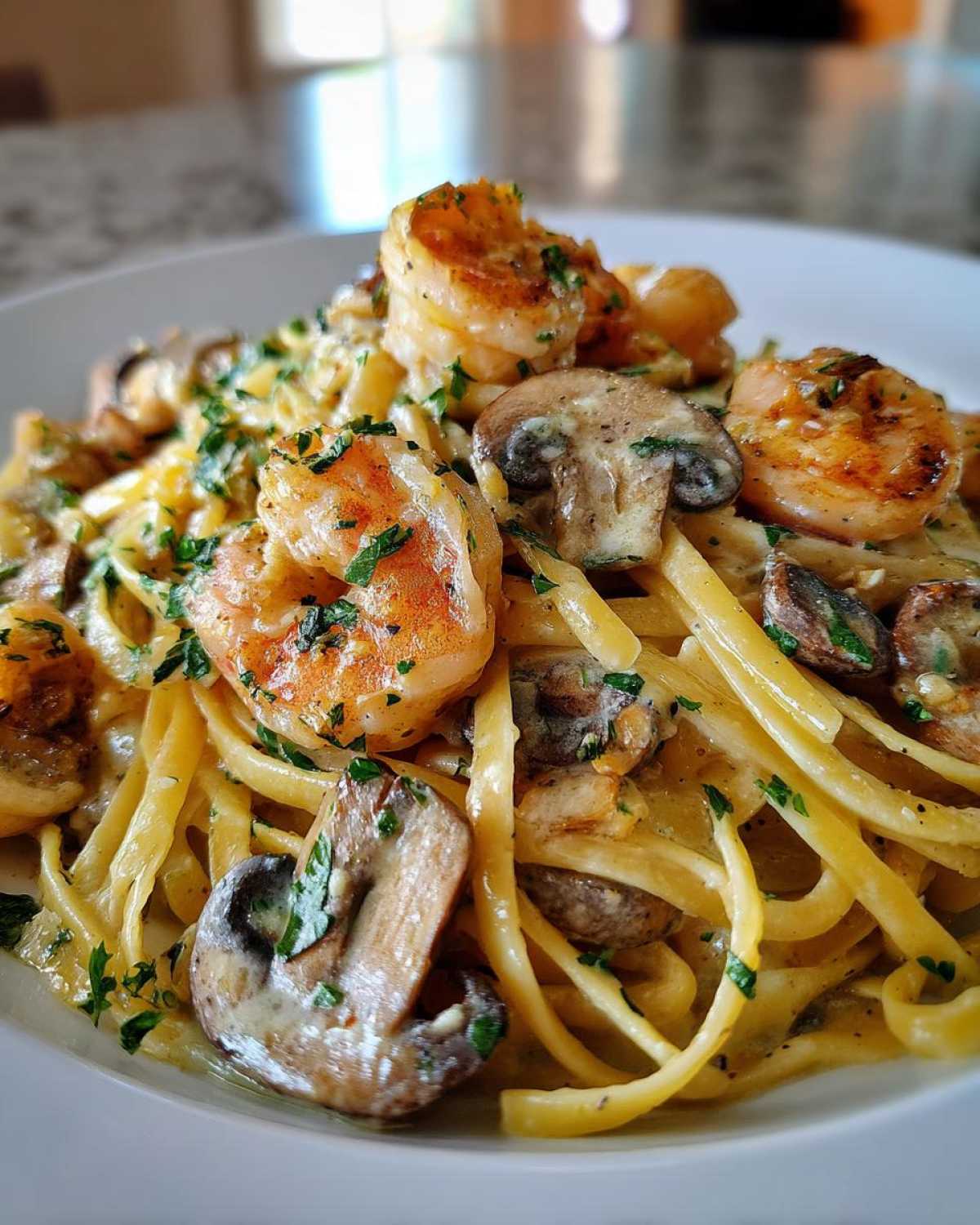 Shrimp Mushroom Pasta in White Wine Sauce - detail 1
