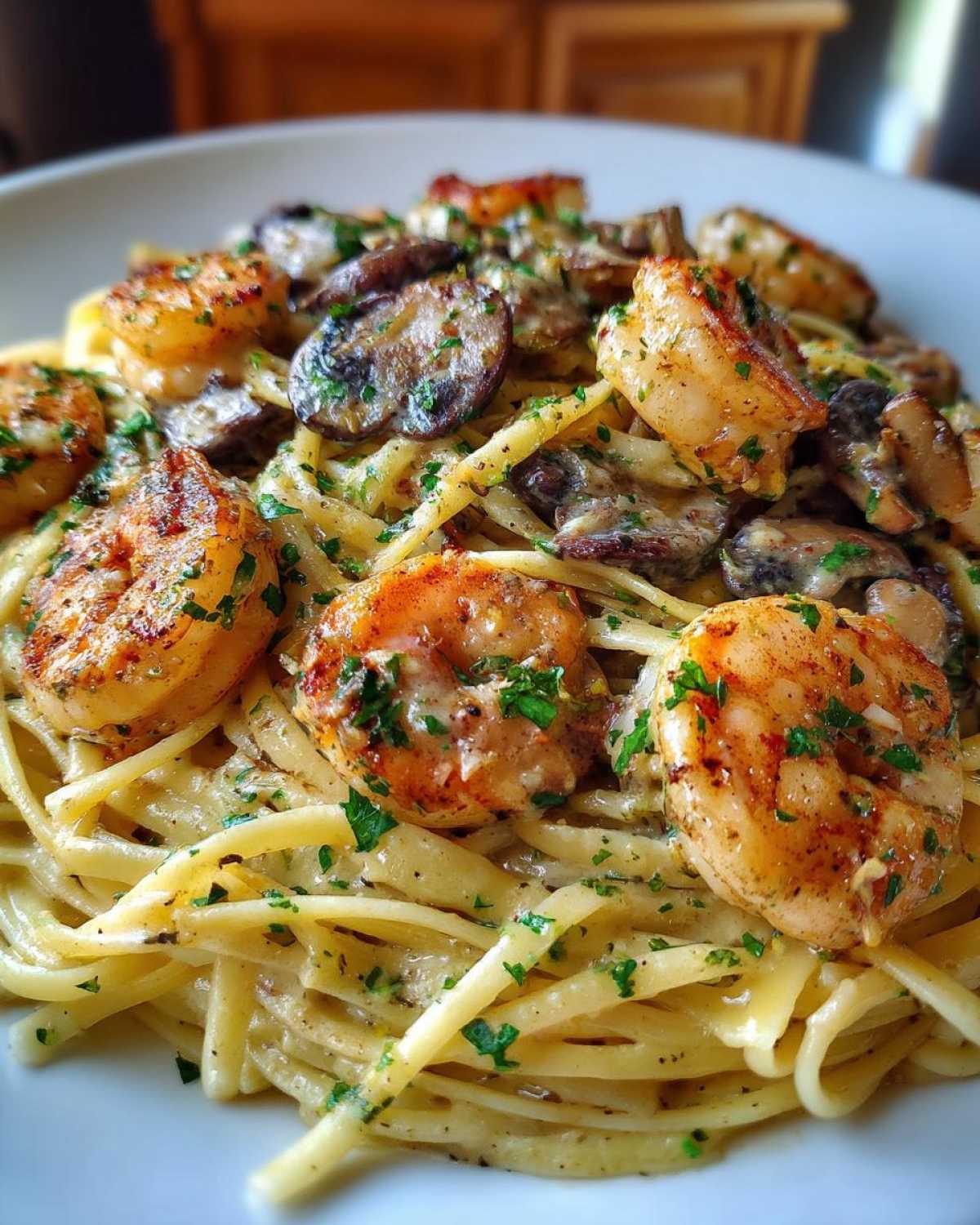Shrimp Mushroom Pasta in White Wine Sauce - detail 2
