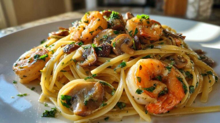 Shrimp Mushroom Pasta in White Wine Sauce