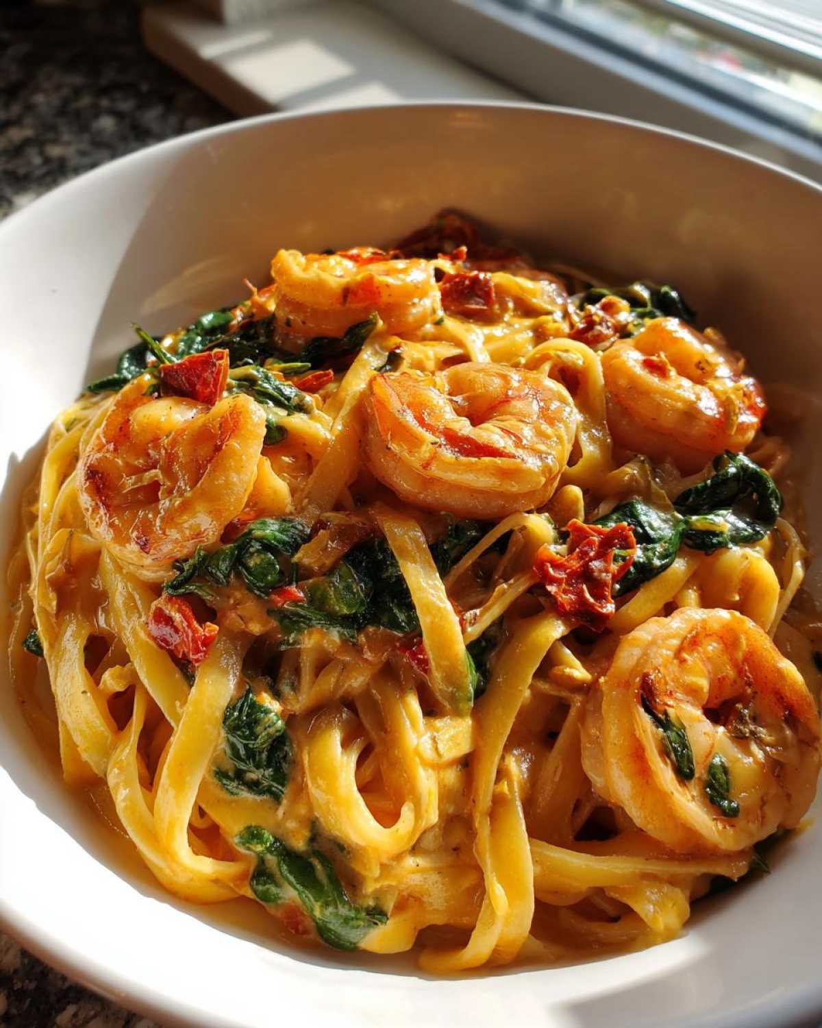 Tuscan Shrimp Pasta with Spinach and Tomatoes - detail 1