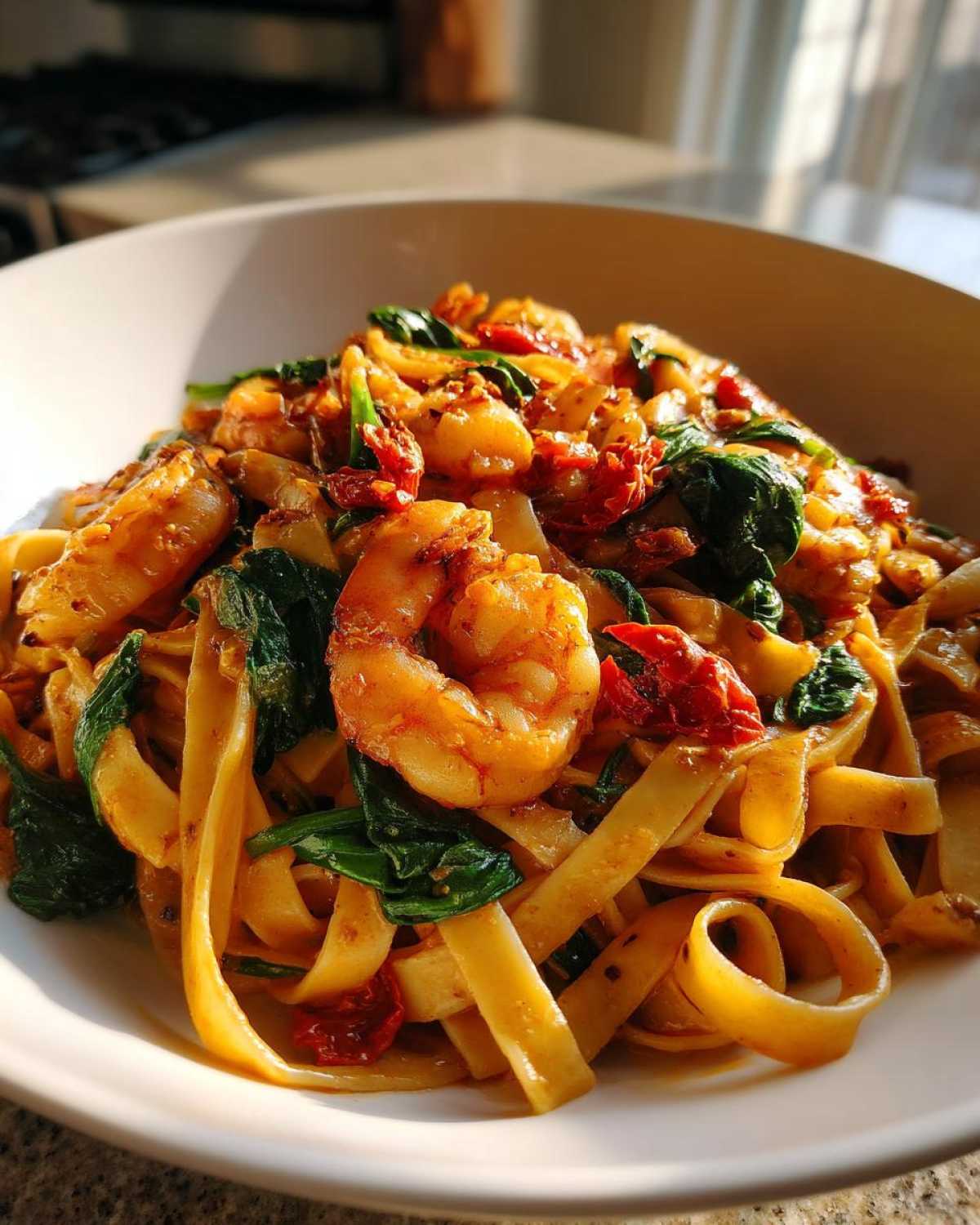 Tuscan Shrimp Pasta with Spinach and Tomatoes - detail 4