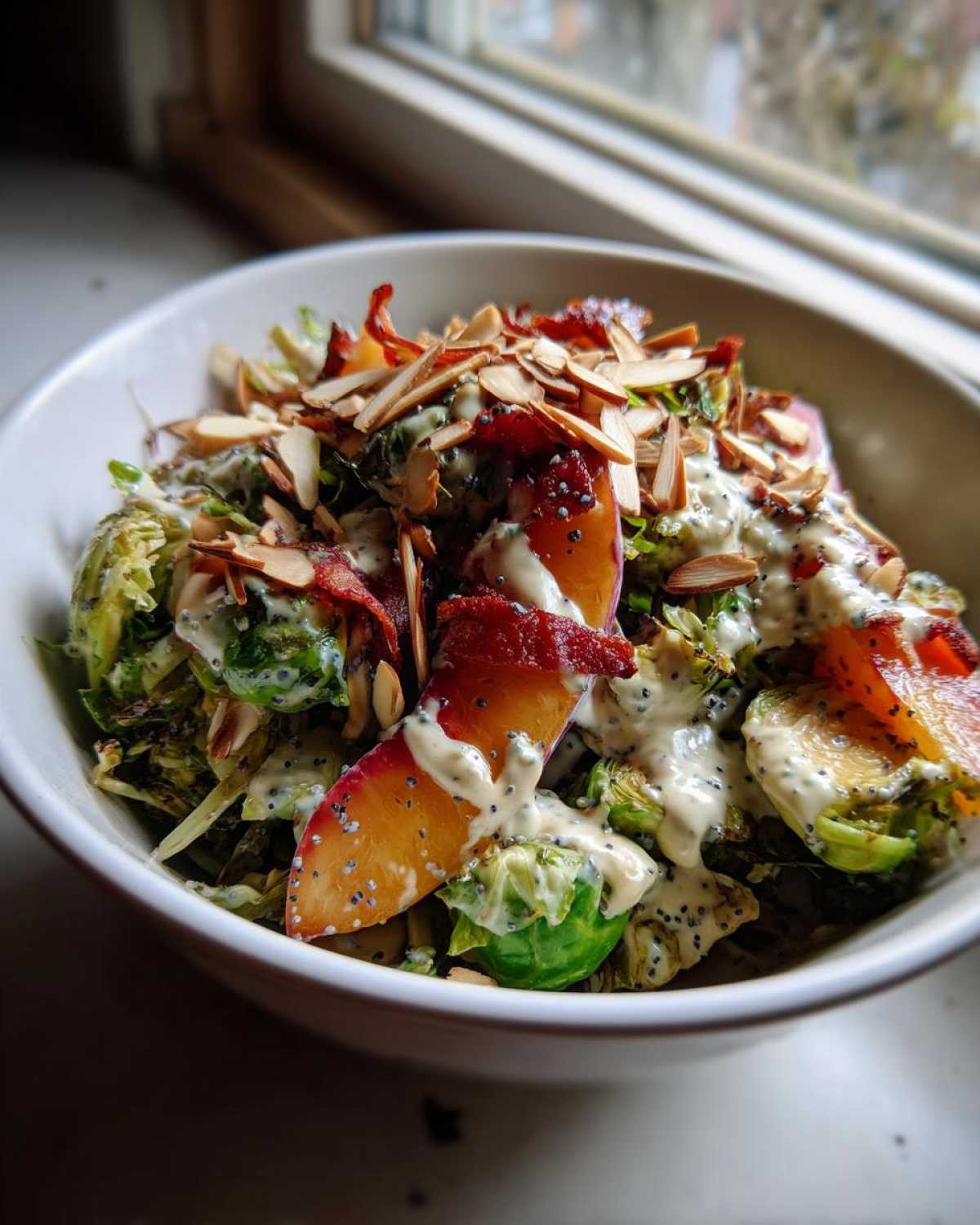 Peach Brussels Sprouts Crunch Salad with Tahini Poppy Seed Dressing - detail 4