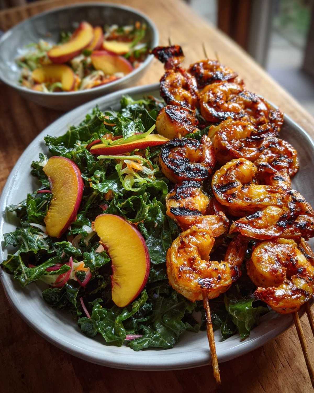 Sriracha Shrimp Skewers with Collard-Peach Salad - detail 2
