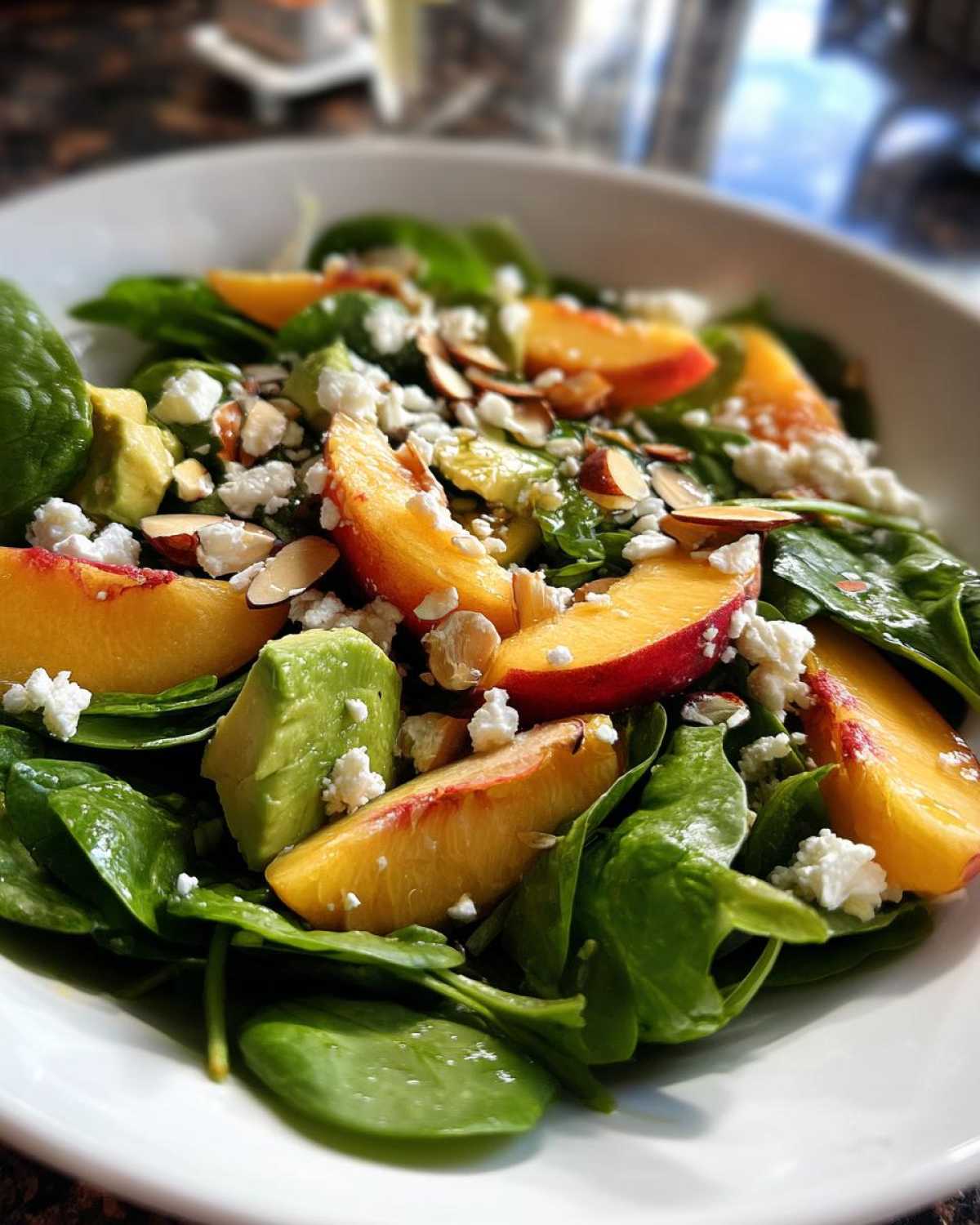 Summer Peach Spinach Salad with Avocado, Toasted Almonds + Goat Cheese - detail 3