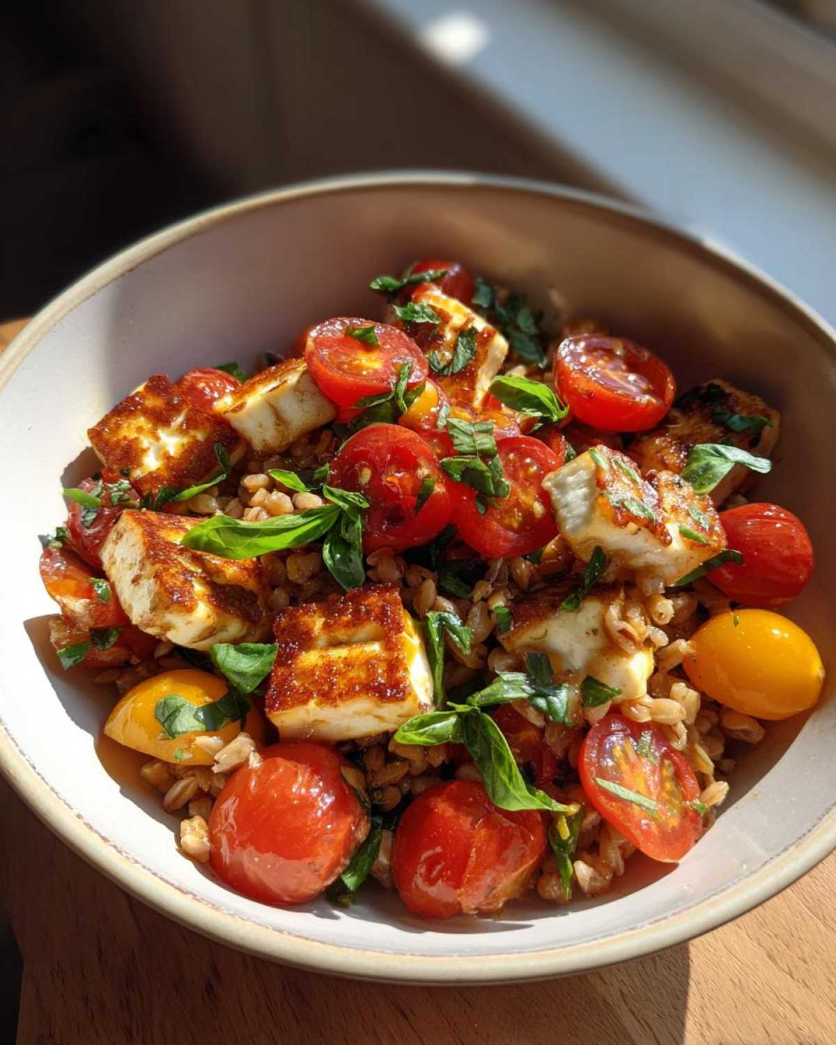Tomato and Halloumi Salad Bowls with Farro and Basil - detail 1