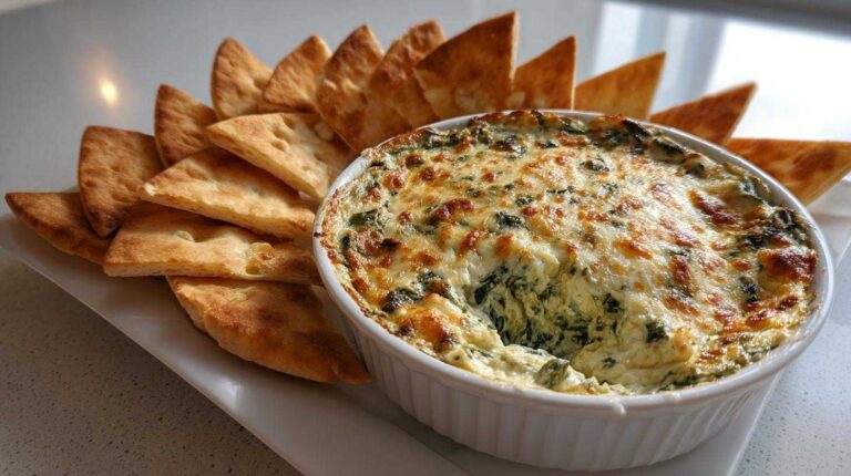 Cheesy Baked Spinach Dip with Pita Crisps