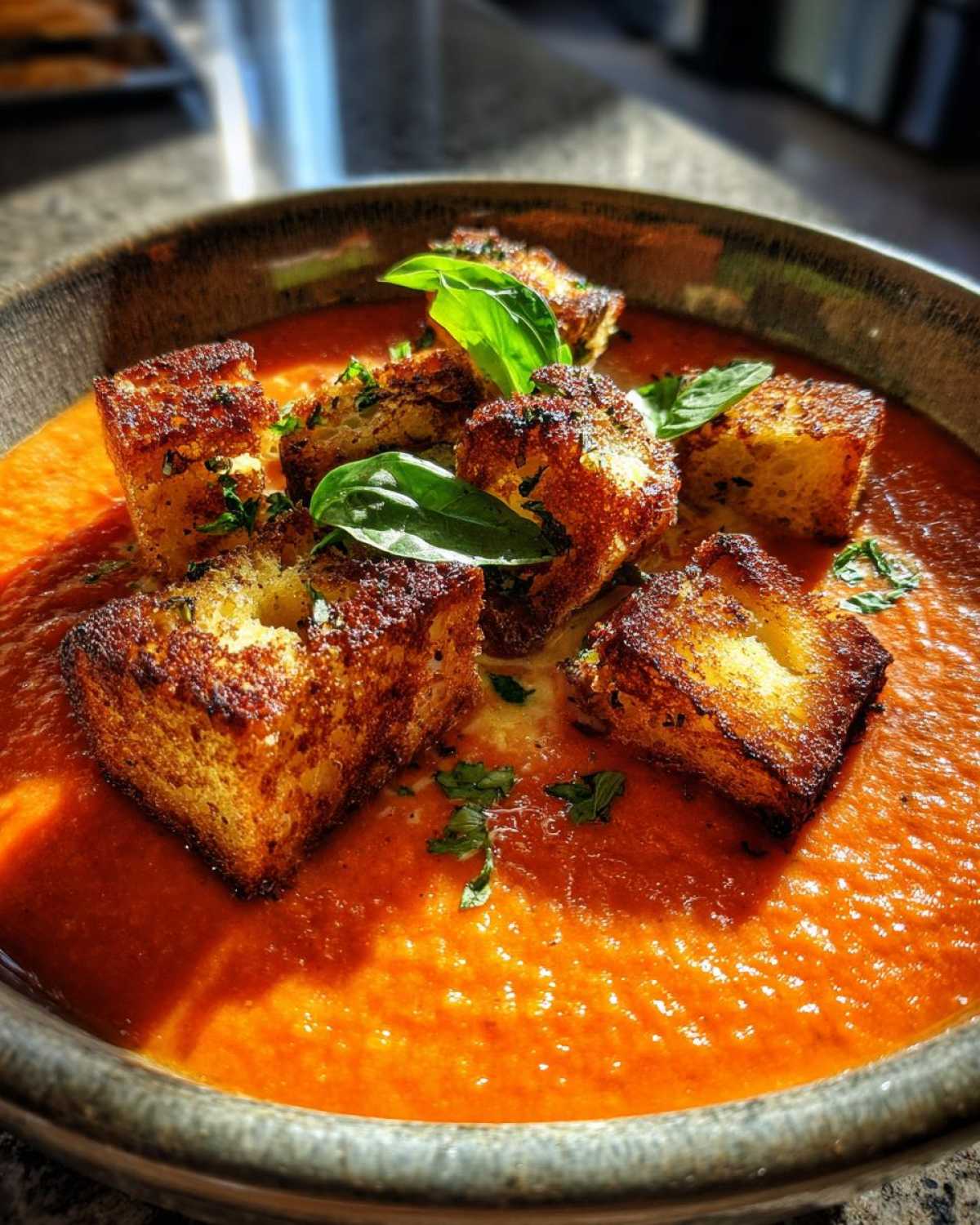 Creamy Tomato Basil Soup with Grilled Cheese Croutons - detail 1