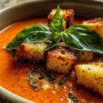 Creamy Tomato Basil Soup with Grilled Cheese Croutons