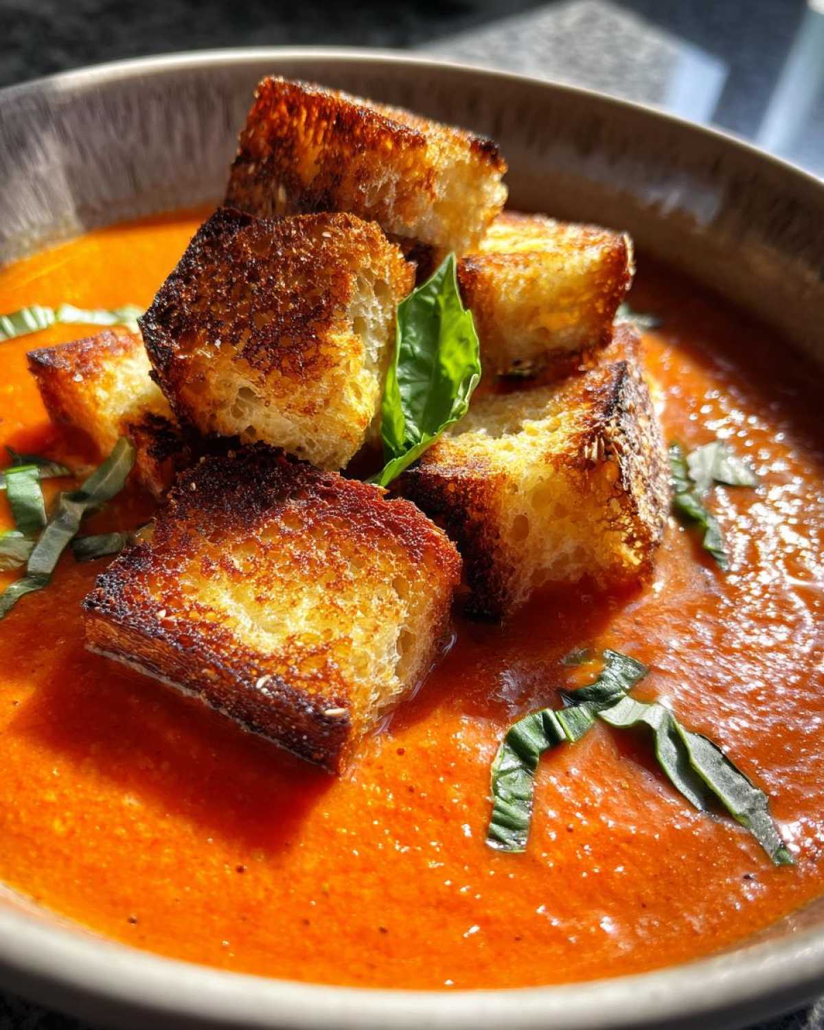 Creamy Tomato Basil Soup with Grilled Cheese Croutons - detail 2