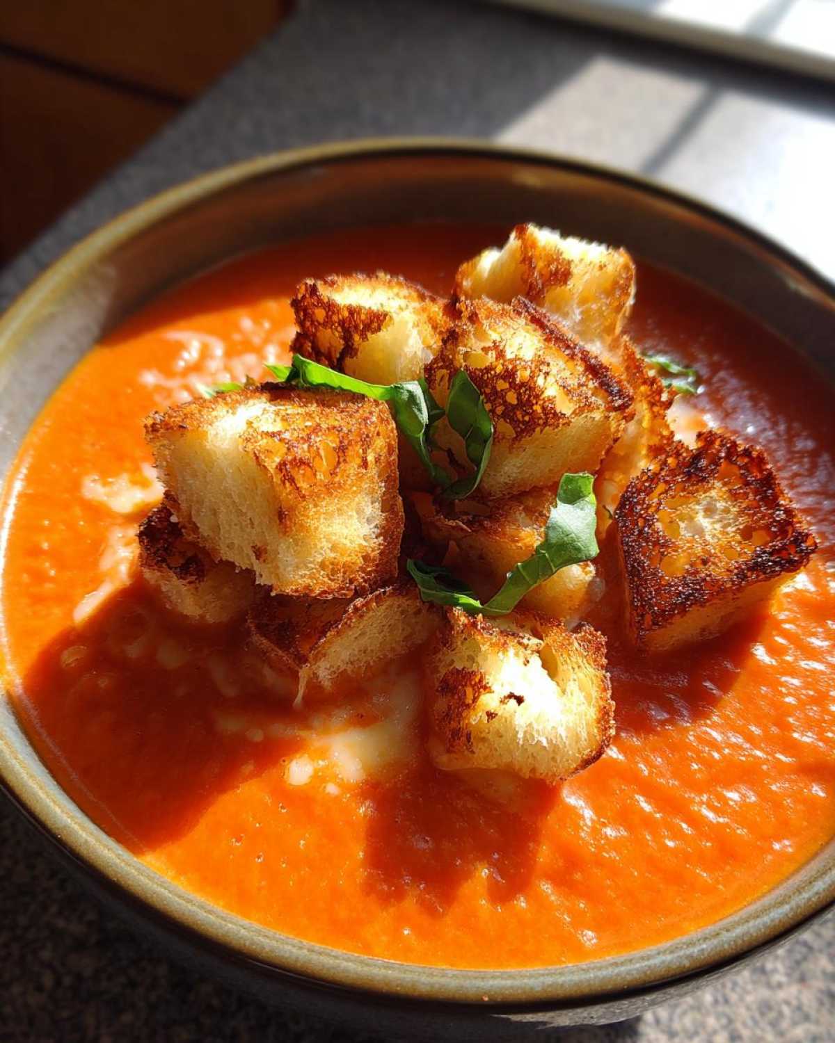 Creamy Tomato Basil Soup with Grilled Cheese Croutons - detail 3