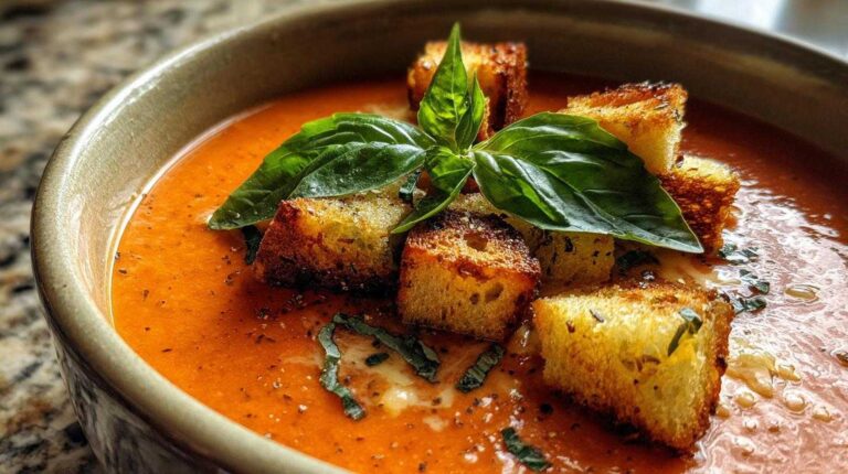 Creamy Tomato Basil Soup with Grilled Cheese Croutons