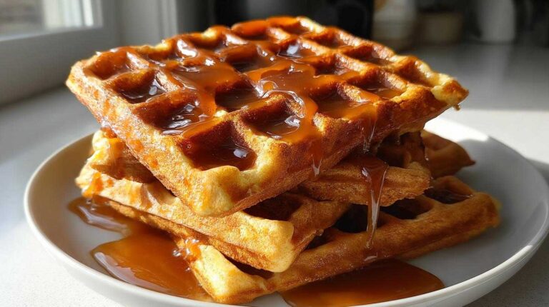 Pumpkin Spice Waffles with Caramel Syrup