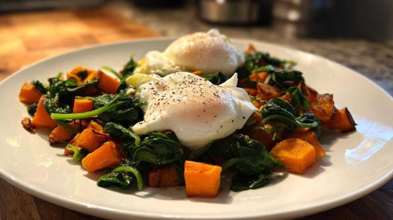 Sweet Potato Hash with Spinach and Poached Eggs