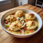 A close-up of a white bowl filled with creamy chicken and dumpling, featuring four fluffy dumplings and shredded chicken.