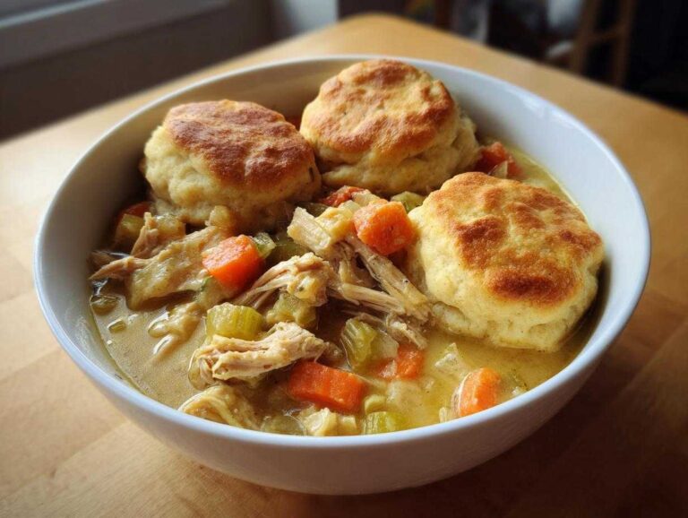 A white bowl filled with creamy chicken and dumpling stew topped with three golden brown biscuits.