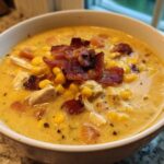 A creamy bowl of 5-ingredient chicken corn chowder topped generously with crispy bacon pieces.