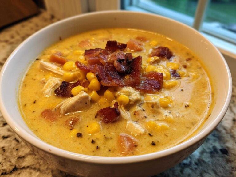 A creamy bowl of 5-ingredient chicken corn chowder topped generously with crispy bacon pieces.