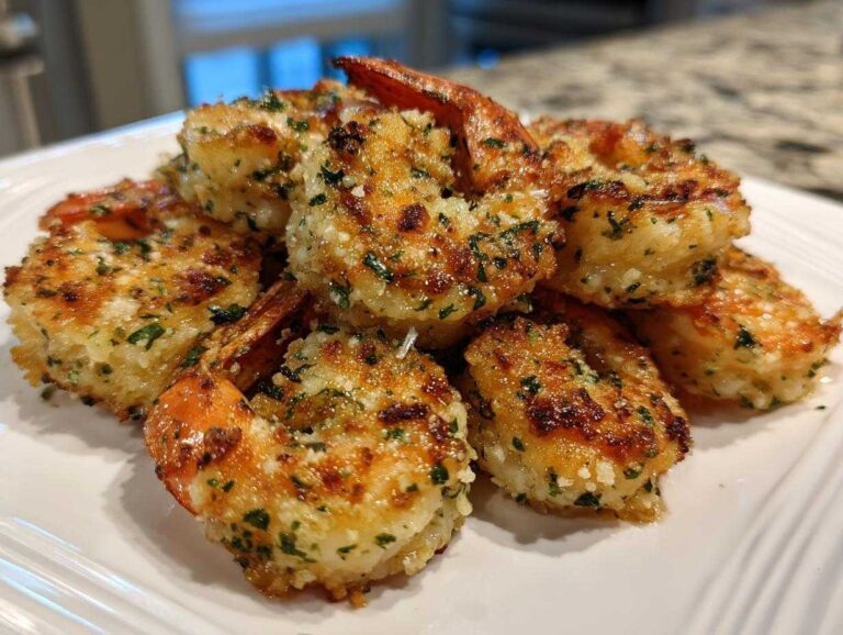 A pile of perfectly cooked, golden brown air fryer shrimp coated in garlic and herbs on a white plate.