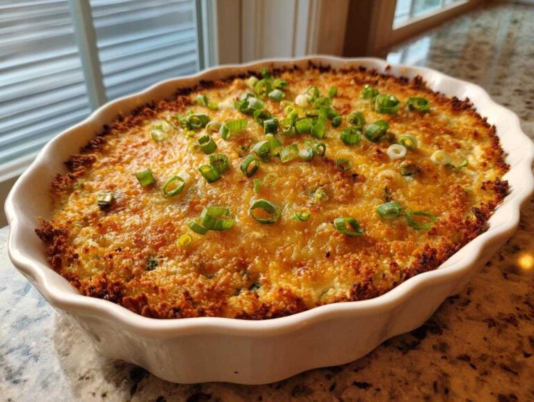 A baked, cheesy popper dip in a white ruffled dish, topped with fresh green onions.