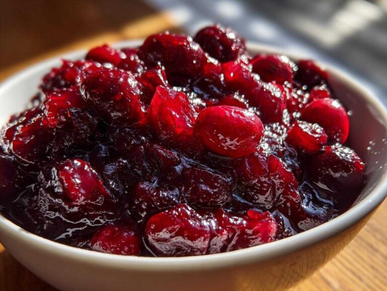 Close-up of glistening, homemade cranberry sauce with whole berries in a small white bowl.