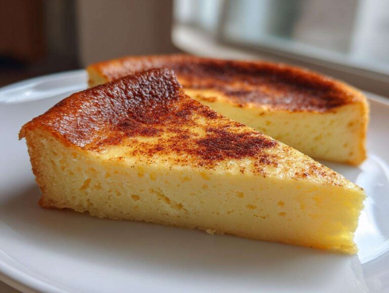 A close-up of a thick slice of creamy yellow egg custard with a deeply browned, spiced top, served on a white plate.