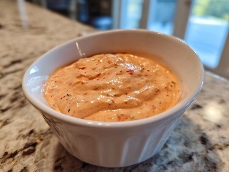 A close-up of creamy, orange-hued burger sauce speckled with herbs and spices, served in a small white bowl.