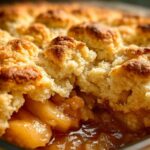 A close-up view revealing the rich, gooey filling and golden, crumbly topping of a freshly baked apple cobbler.