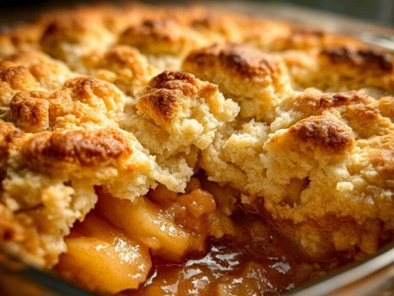 A close-up view revealing the rich, gooey filling and golden, crumbly topping of a freshly baked apple cobbler.