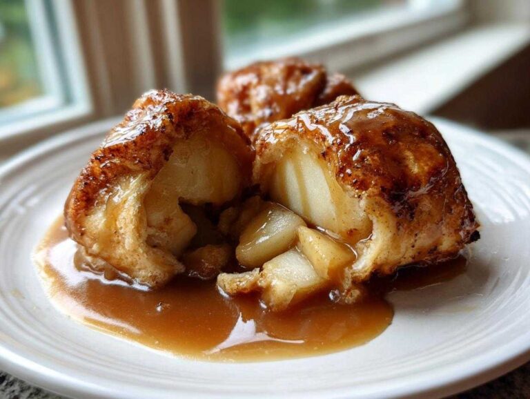 A close-up view of a warm apple dumpling cut in half, revealing soft apple filling, covered in glossy caramel sauce.