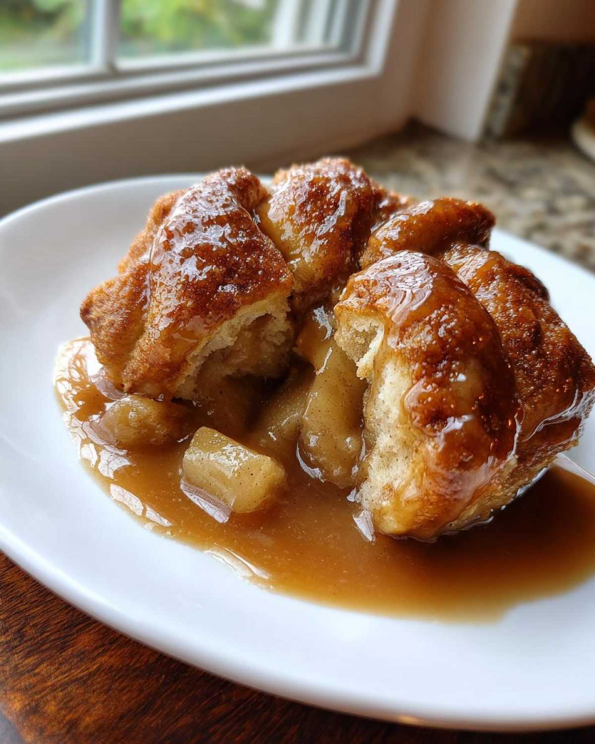 Close-up of a warm apple dumpling broken open, covered in rich caramel sauce and chunks of spiced apple.