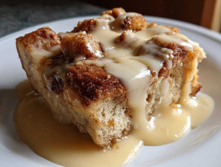 Close-up of a rich slice of bread pudding topped generously with creamy vanilla sauce.