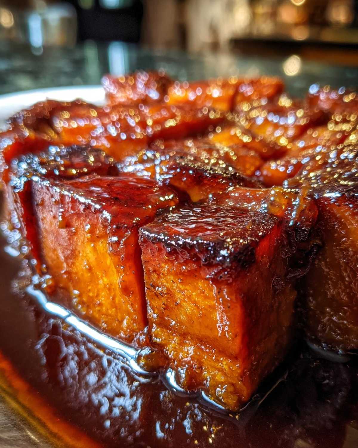 Close-up, low-angle shot of rich, glossy candied yams cut into cubes, swimming in thick syrup.