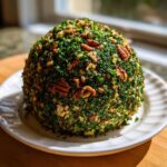 A beautiful cheese ball recipe coated entirely in finely chopped green herbs and whole pecan halves.