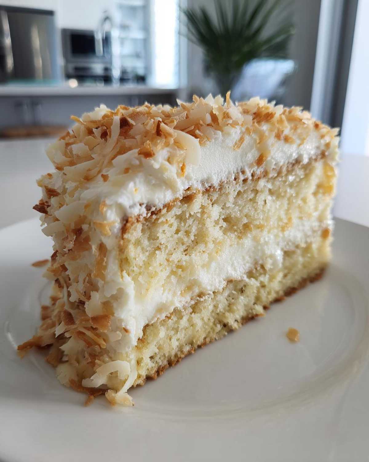 A delicious slice of coconut cake recipe layered with white frosting and topped with toasted coconut flakes.