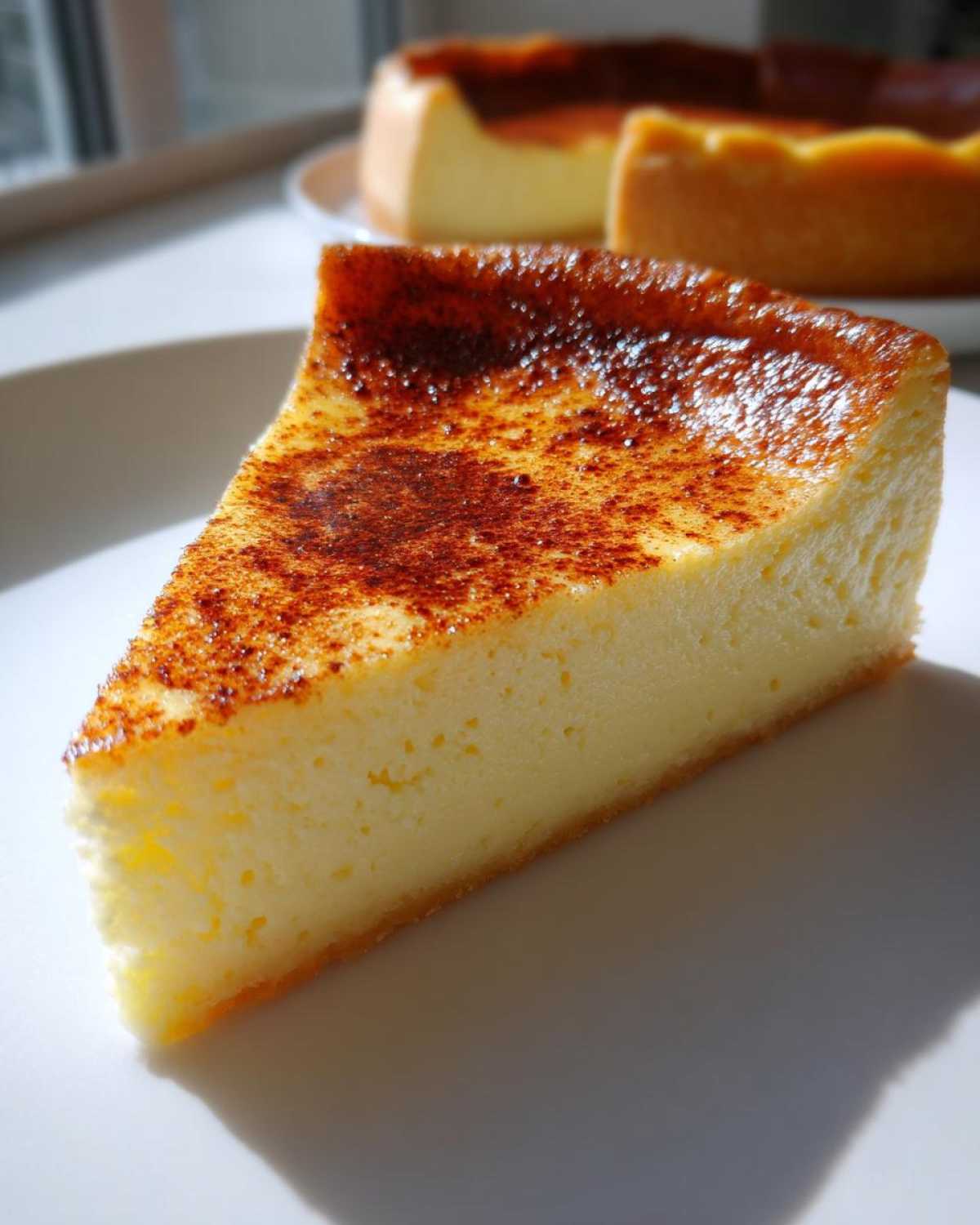 Close-up of a creamy slice of egg custard with a deeply caramelized, slightly burnt top.