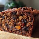 Close-up of a rich, dark slice of fruit cake recipe showing plump raisins and dried apricots.