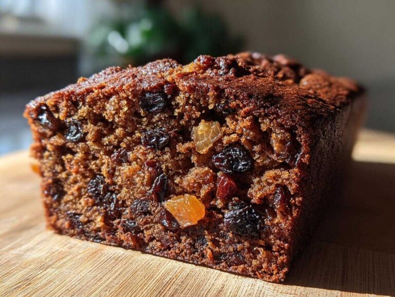 Close-up of a rich, dark slice of fruit cake recipe showing plump raisins and dried apricots.