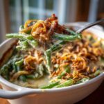 A spoonful of creamy green bean casserole topped with crispy fried onions being lifted from a white baking dish.
