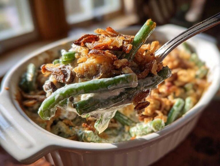A fork lifts a creamy serving of green bean casserole topped with crispy fried onions.