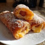 Three halves of a freshly fried korean corn dog showing a hot dog and melted cheese pull, dusted with powdered sugar.