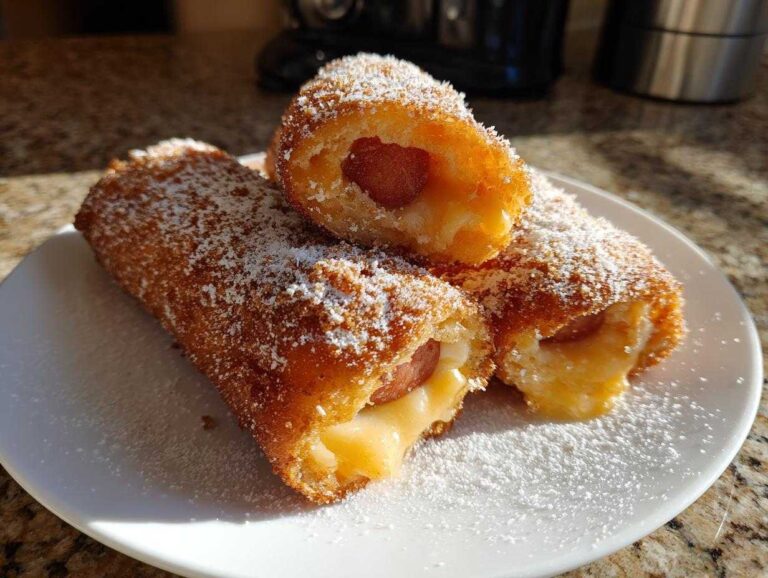 Three halves of a freshly fried korean corn dog showing a hot dog and melted cheese pull, dusted with powdered sugar.