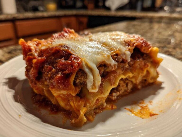 A close-up of a hearty slice of lazy lasagna featuring layers of pasta, meat sauce, and melted mozzarella cheese on a white plate.