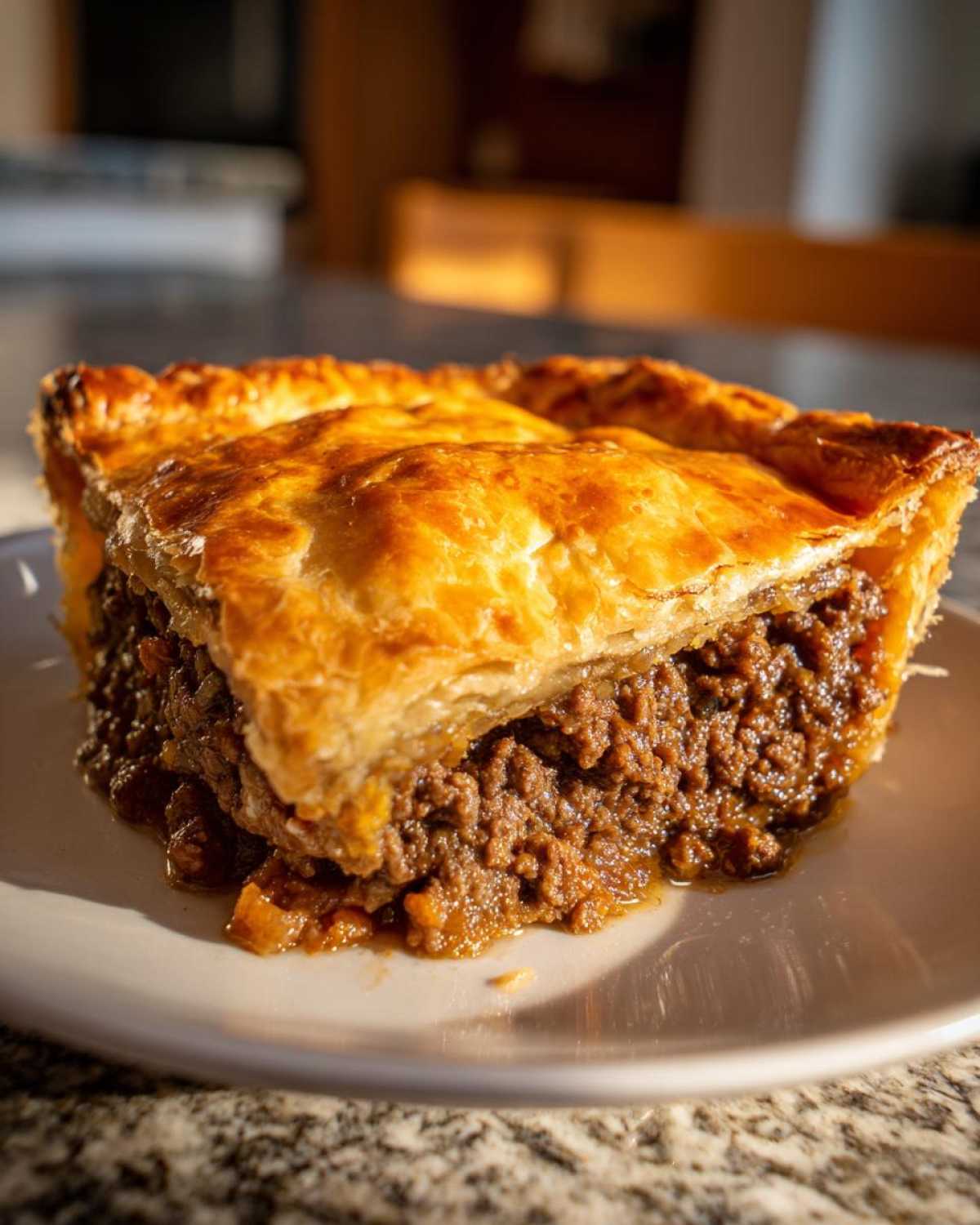 Close-up of a thick slice of amazing meat pie showing rich, savory filling and flaky golden pastry crust.