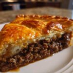 Close-up of a slice of amazing meat pie showing rich, savory filling and golden, flaky puff pastry crust.