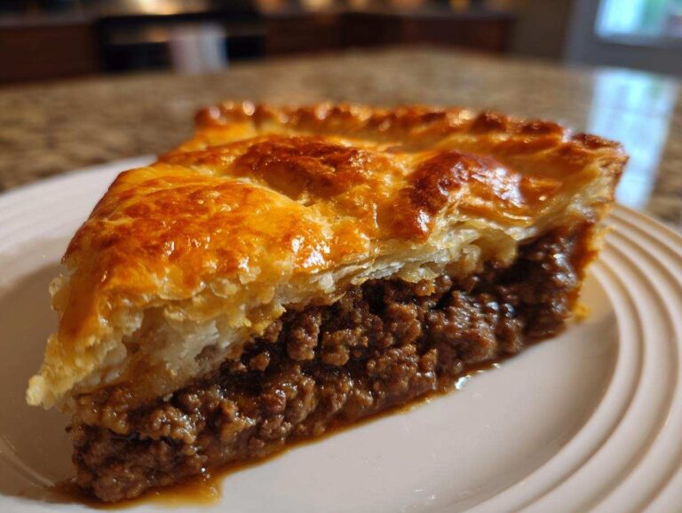 Close-up of a slice of amazing meat pie showing rich, savory filling and golden, flaky puff pastry crust.