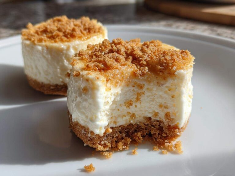 Close-up of two mini cheesecake bites, one with a bite taken out, showing creamy filling and crumb topping.