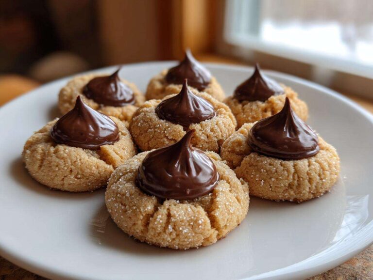 Six freshly baked peanut butter blossoms, rolled in sugar and topped with a chocolate kiss, arranged on a white plate.