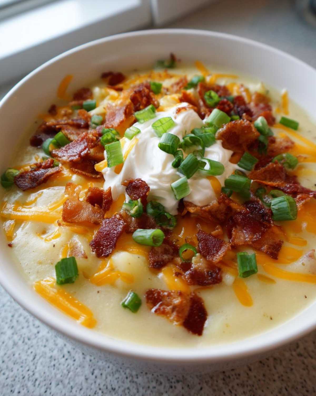 A close-up of a creamy bowl of potato soup recipe topped with bacon, cheddar cheese, sour cream, and green onions.