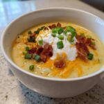 A creamy bowl of amazing potato soup recipe topped with sour cream, bacon bits, shredded cheese, and green onions.
